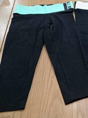Lot (2) PINK Victoria's Secret Yoga Capri Leggings XS Black Teal White Logo
